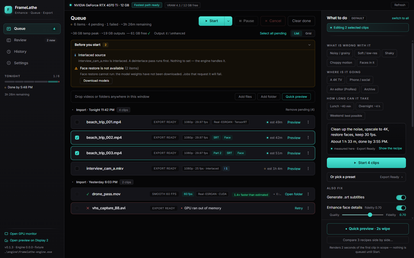 FrameLathe queue: overnight batch, intent door, local GPU status